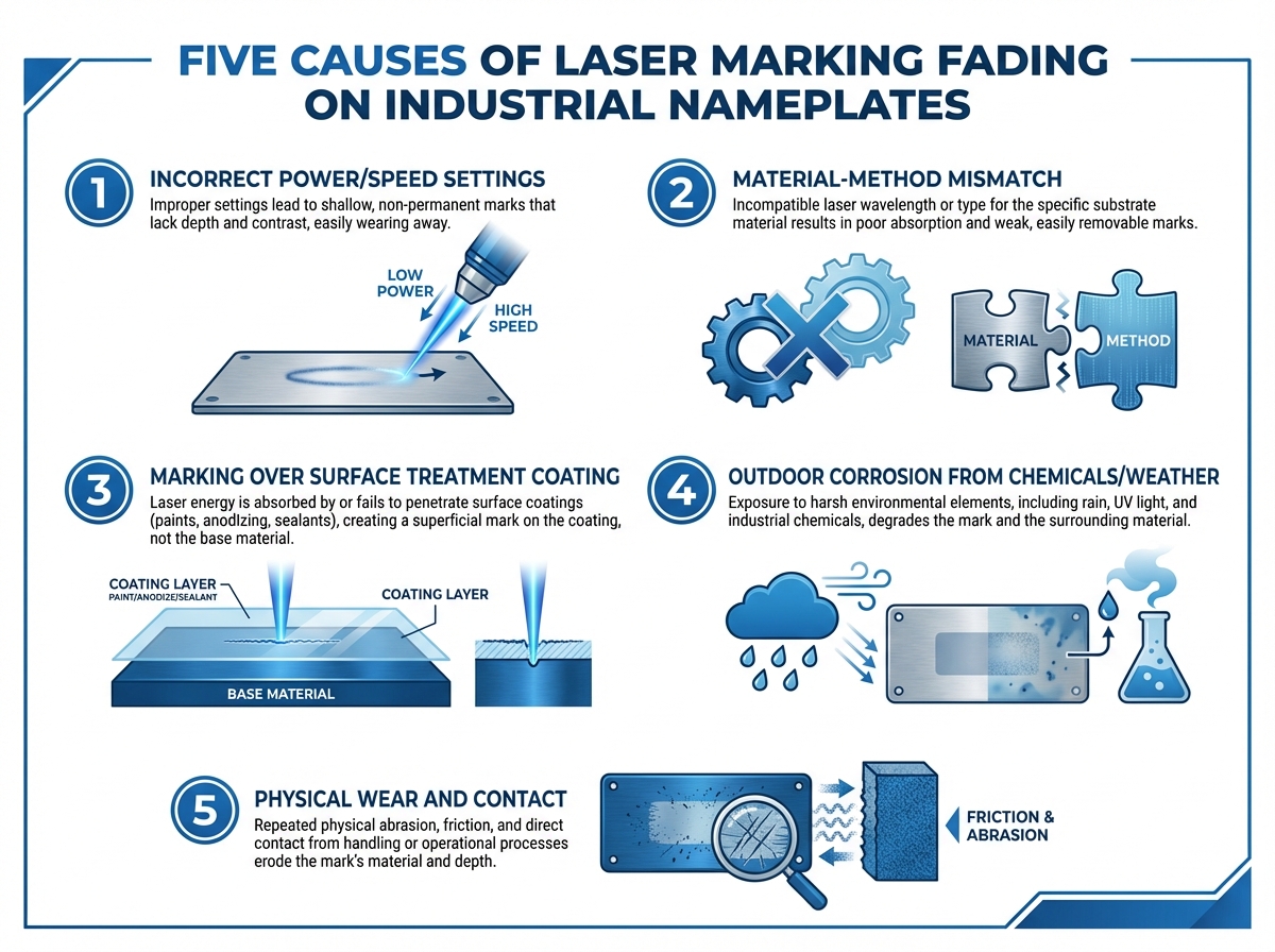 レーザーマーキングが消える5つの原因を示すインフォグラフィック