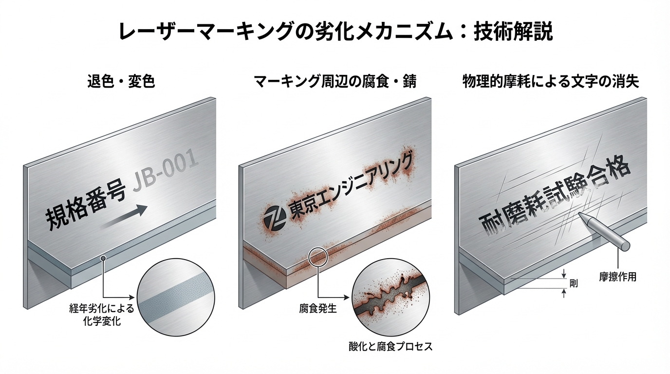 レーザーマーキングの劣化メカニズム：退色・腐食・摩耗の3パターンを示す技術図解