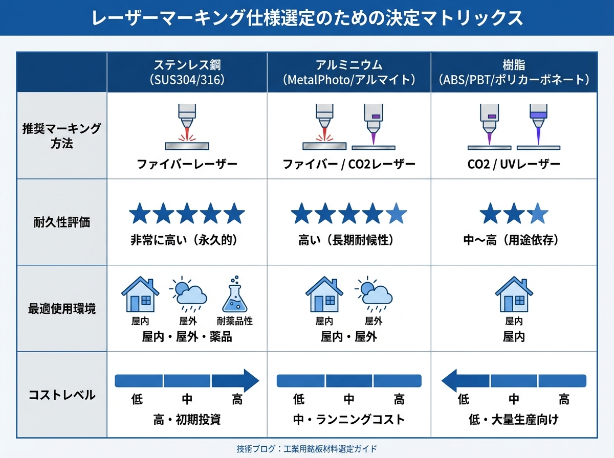 レーザーマーキング仕様選定のための素材別決定マトリックス