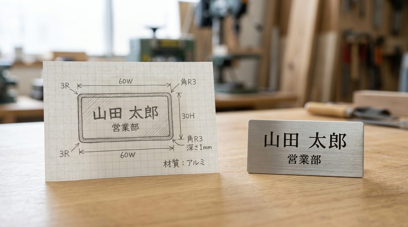 手書きスケッチから銘板を製作するイメージ